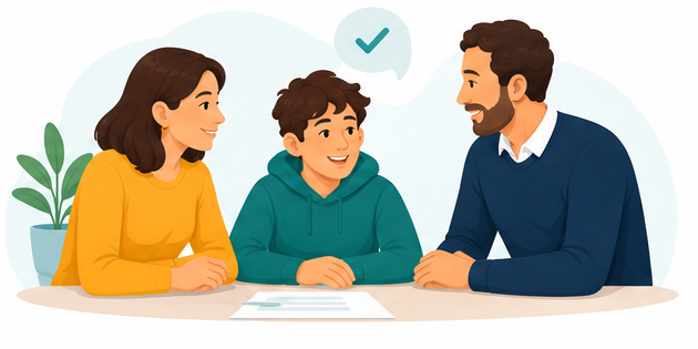 Leerling, ouder en docent in gesprek