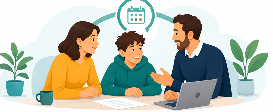 Leerling, ouder en docent samen in gesprek tijdens een ouderavond